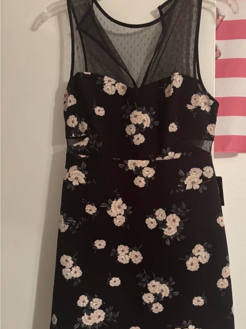 Express Black Mini Dress with Cream Floral Print and Mesh Yoke